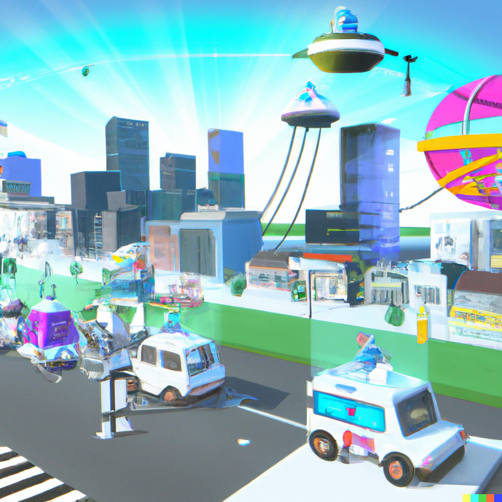 Image by Open AI: long shot of a smart city with a construction project on sight being built by robots with autonomous cars and buses circulating along with happy IoT flying devices and robots coexisting with humans in the style of original The Jetsons cartoon 