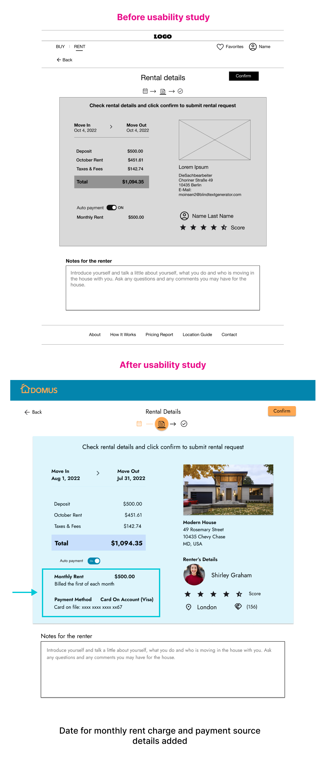 Order details mockup: wireframe and hi-fidelity mockup comparison