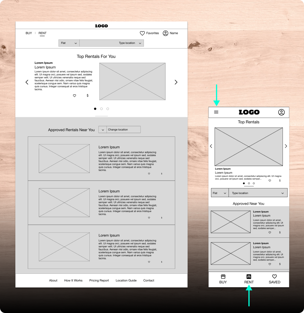 Digital wireframes: screen size variations including desktop and mobile website