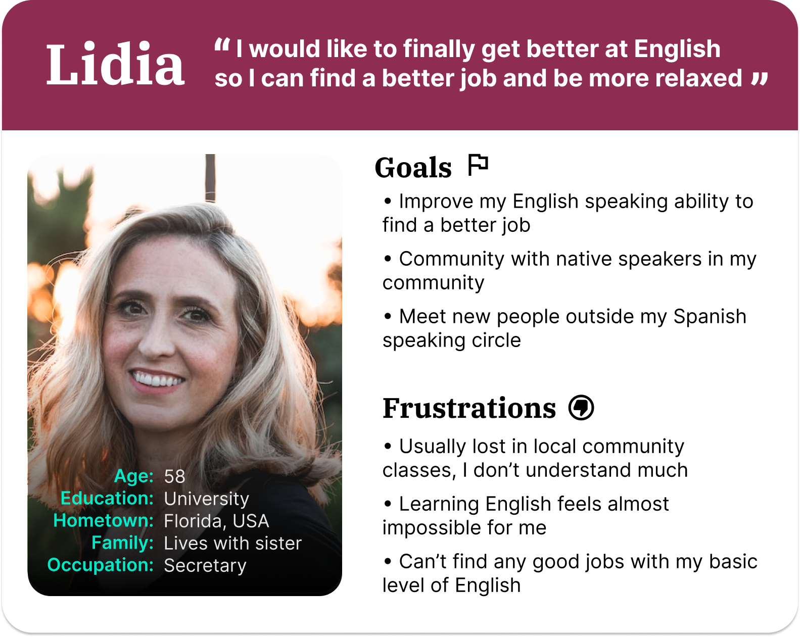 Lidia persona graphic with goals and frustrations
