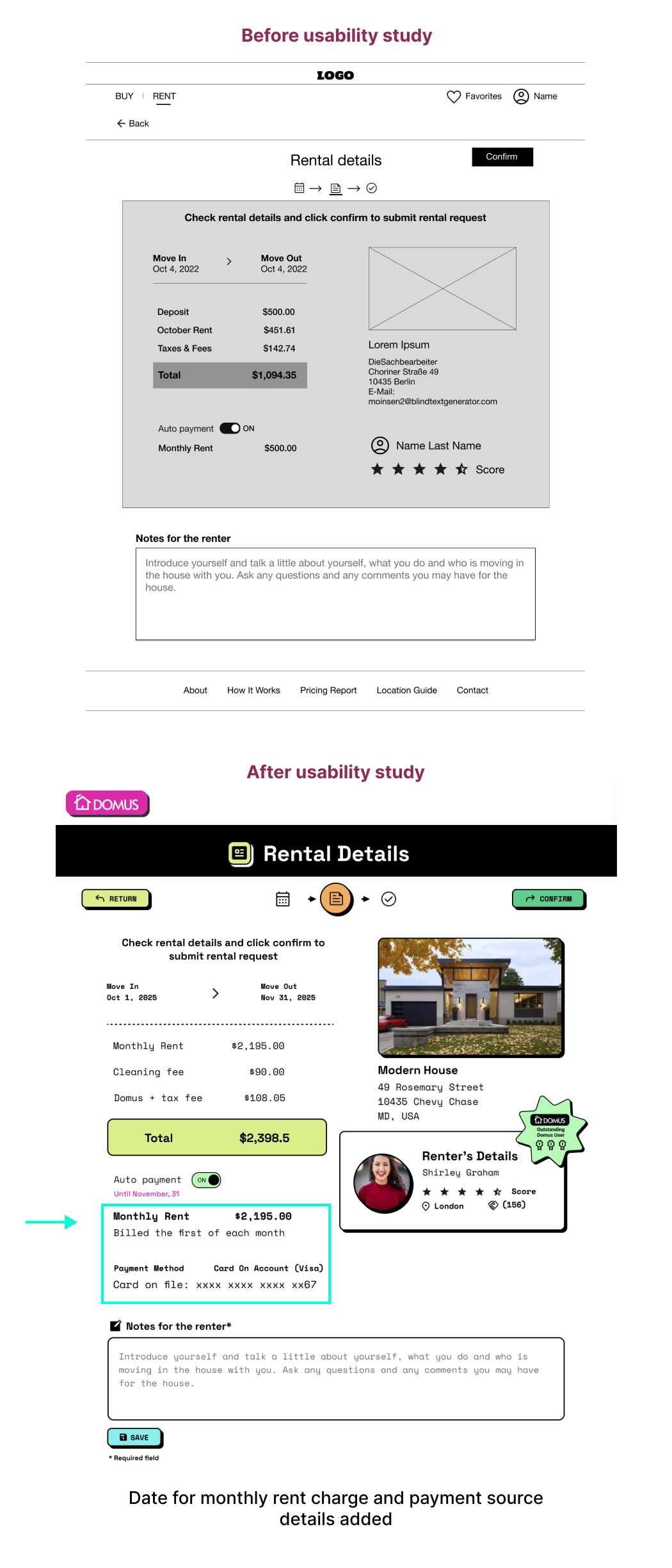 Order details mockup: wireframe and hi-fidelity mockup comparison