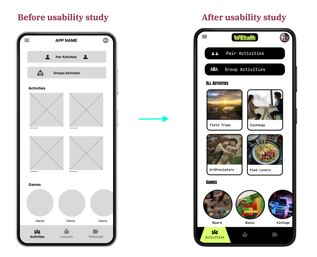 Activities app page brefore and after usability study