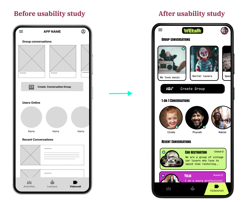 Videochat app page brefore and after usability study