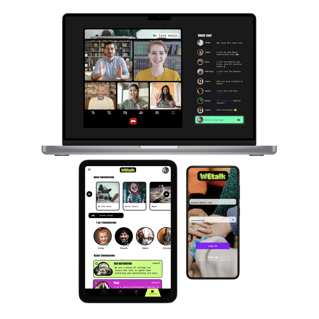 WEchat device models: Laptop video chat group call, Tablet video chat page, mobile phone app log-in screen